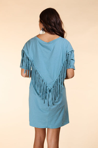 Southern Grace Just Leave Her Wild Fringe T-Shirt Dress, Sage-Clothing-Sunshine and Wine Boutique