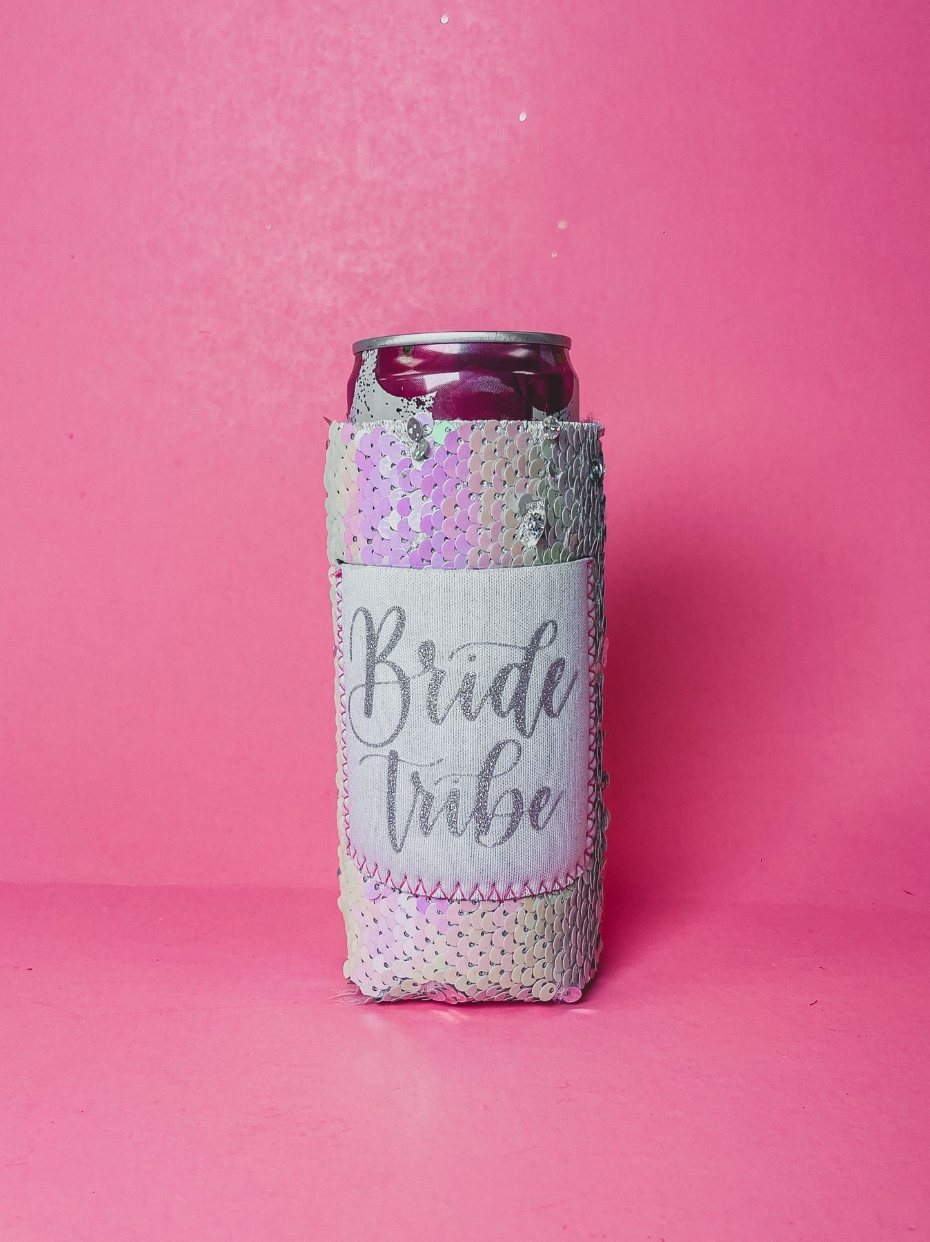 Peachy Keen Bride Tribe on Iridescent 2 Tone Sequin Slim Can Cooler-Can & Bottle Sleeves-Sunshine and Wine Boutique