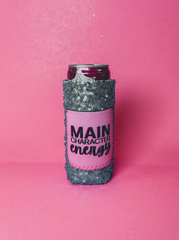 Peachy Keen Main Character Energy Sequin Slim Can Cooler-Can & Bottle Sleeves-Sunshine and Wine Boutique