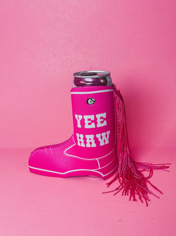 Peachy Keen Yee Haw Pink Boot with Fringe Slim Can Cooler-Can & Bottle Sleeves-Sunshine and Wine Boutique