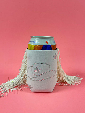 Peachy Keen Rhinestone Cowgirl Hat with Sequin Fringe Regular Can Cooler-Can & Bottle Sleeves-Sunshine and Wine Boutique