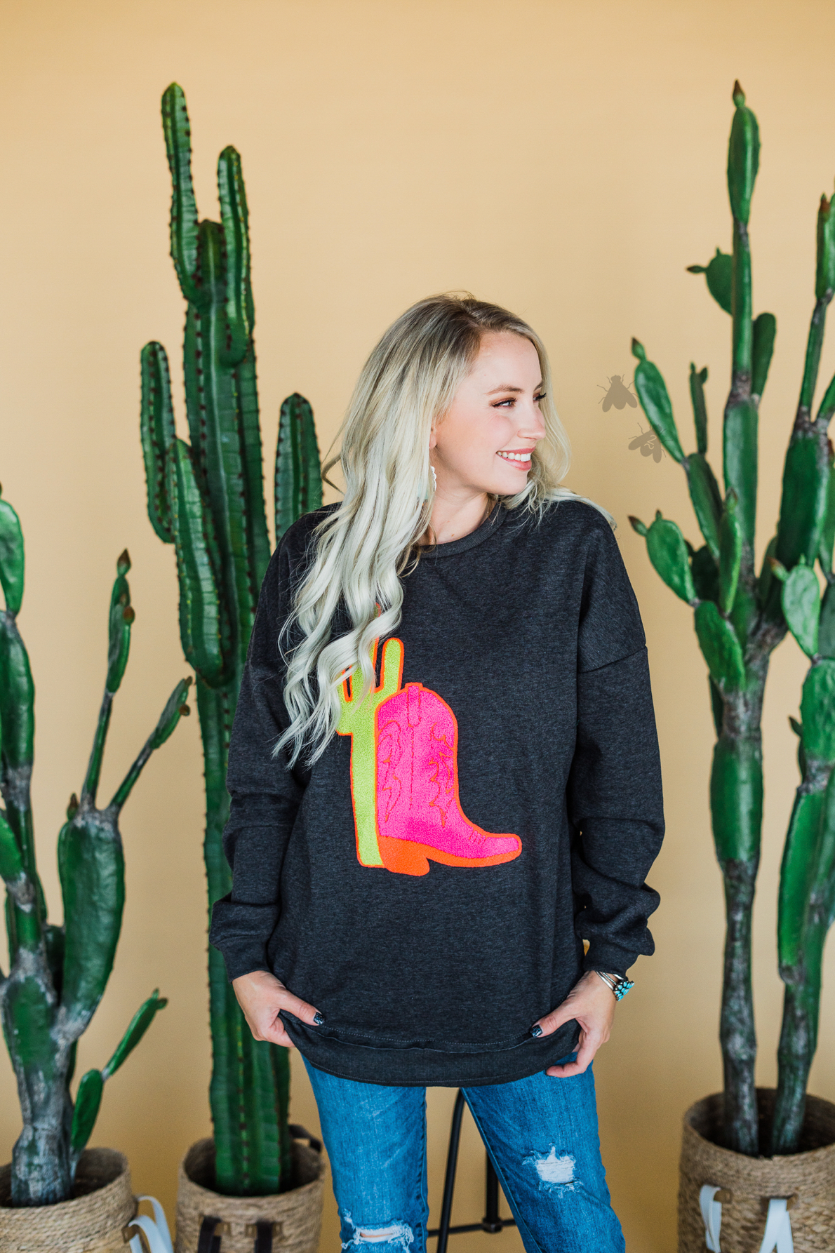 2 Fly Neon Boot Scoot Pullover, Charcoal-Shirts & Tops-Sunshine and Wine Boutique