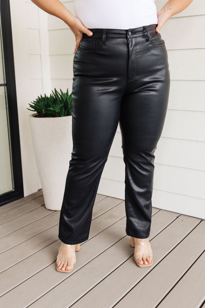 Judy Blue High Waist Tummy Control Top Faux Leather Black Straight Leg Pants 88755 - Exclusive-Jeans-Sunshine and Wine Boutique