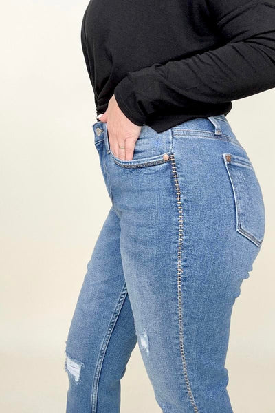 Judy Blue Embroidered Boyfriend Jeans with Side Seam Stitch - Exclusive-Jeans-Sunshine and Wine Boutique