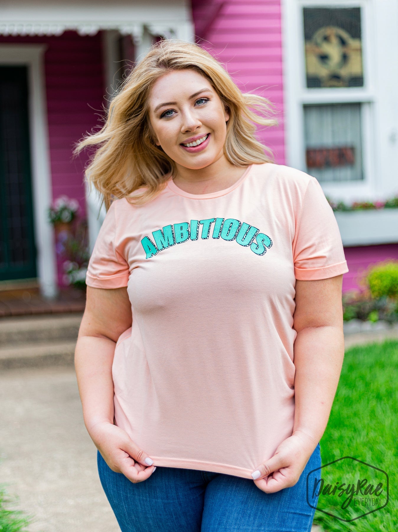 Southern Grace "Ambitious" on Peach Short Sleeve Top-Shirts & Tops-Sunshine and Wine Boutique