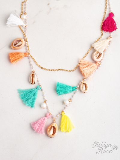 Ashlyn Rose Happy as a Clam Chain Necklace with Shells & Multicolor Tassels-Necklaces-Sunshine and Wine Boutique