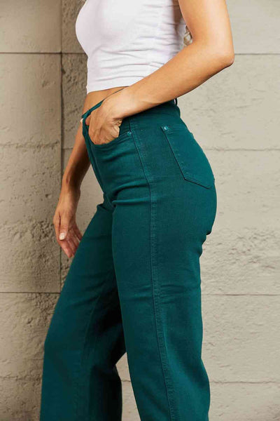 Judy Blue High Waist Tummy Control Garment Dyed Wide Leg Crop Teal Denim 88806 - Exclusive-Jeans-Sunshine and Wine Boutique