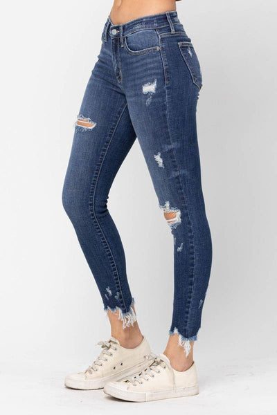Judy Blue Mid-Rise Raw Hem Destroyed Skinny Jeans 82265 - Exclusive-Jeans-Sunshine and Wine Boutique