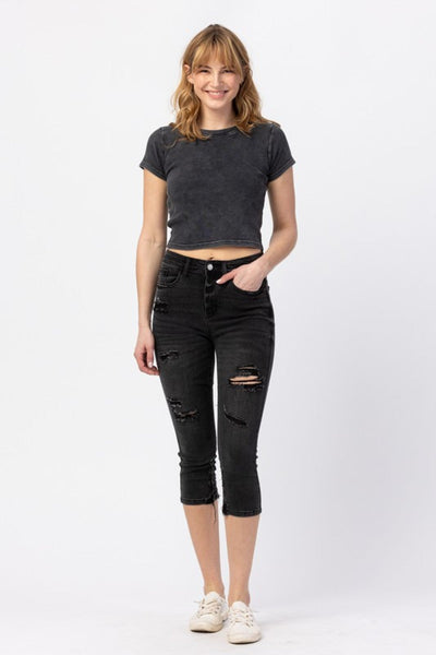 Judy Blue High Waist Black Distressed Skinny Capri 82270 - Exclusive-Jeans-Sunshine and Wine Boutique