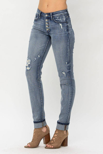 Judy Blue Mid-Rise Button Fly Contrast Wash Cuffed Boyfriend Jeans - Exclusive-Jeans-Sunshine and Wine Boutique