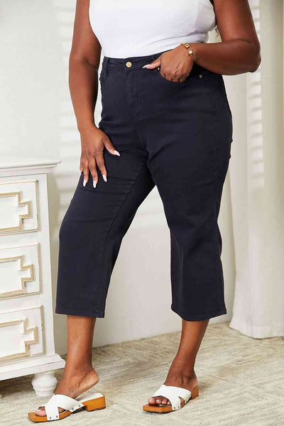 Judy Blue High Waist Tummy Control Garment Dyed Wide Cropped Navy Jeans 88807 - Exclusive-Jeans-Sunshine and Wine Boutique