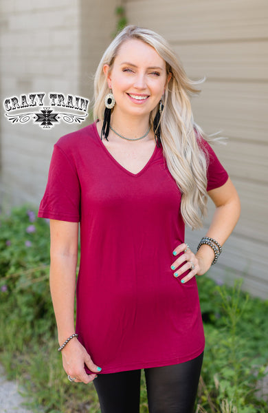 Crazy Train Forever Fave Solid Short Sleeve V-Neck Top, Maroon-Shirts & Tops-Sunshine and Wine Boutique