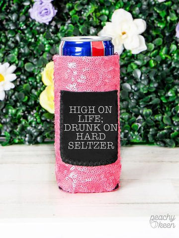 Peachy Keen Drunk on hard seltzer sequin slim can Cooler with pocket-Can & Bottle Sleeves-Sunshine and Wine Boutique