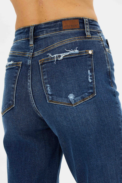 Judy Blue High Waist Medium Destroyed Pocket Wide Leg Denim 82497-Jeans-Sunshine and Wine Boutique