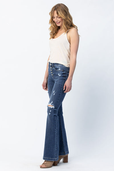 Judy Blue Mid Rise Button Fly Flare Denim 82430-Jeans-Sunshine and Wine Boutique