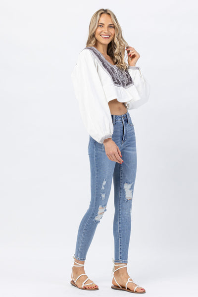 Judy Blue High Waist Destroyed "Control Top" Tummy Control Skinny Denim 88426-Jeans-Sunshine and Wine Boutique
