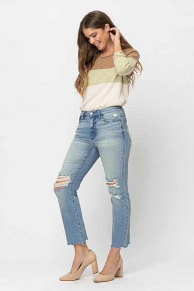 Judy Blue Mid Rise Tinted Wash & Destroy Crop Straight Denim 88512-Jeans-Sunshine and Wine Boutique