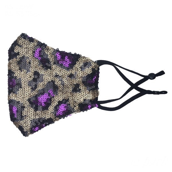 Sunshine & Wine Boutique Adult Full Sequins Purple Leopard Print Fashion Face Mask Featuring Adjustable Ear Loops & Filter Insert-Face Mask-Sunshine and Wine Boutique