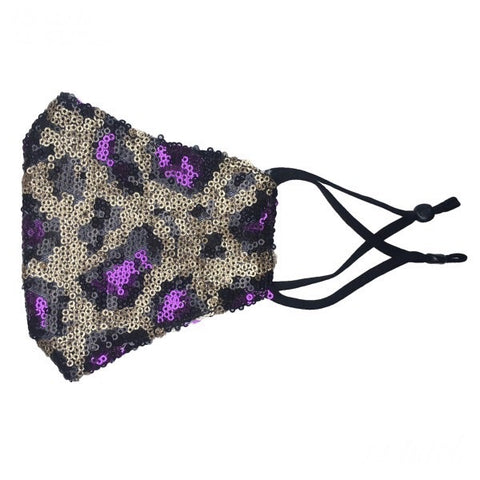 Sunshine & Wine Boutique Adult Full Sequins Purple Leopard Print Fashion Face Mask Featuring Adjustable Ear Loops & Filter Insert-Face Mask-Sunshine and Wine Boutique