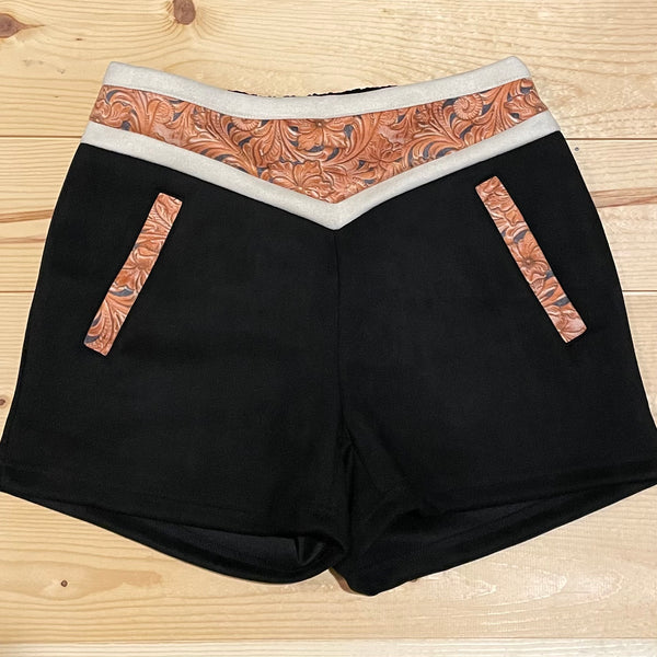 Crazy Train Whistle Britches Tooled Leather Shorts, Black-Shorts-Sunshine and Wine Boutique