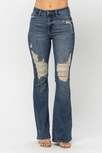 Judy Blue High Waist Tall Knee Destroyed Flare Denim 88480-Jeans-Sunshine and Wine Boutique