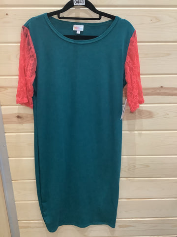 LuLaRoe Julia 3/4 Sleeve Dress Size Medium Blue & Pink-Dresses-Sunshine and Wine Boutique