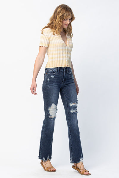 Judy Blue Mid Rise Contrast Destroy Slim Bootcut Denim 82426-Jeans-Sunshine and Wine Boutique