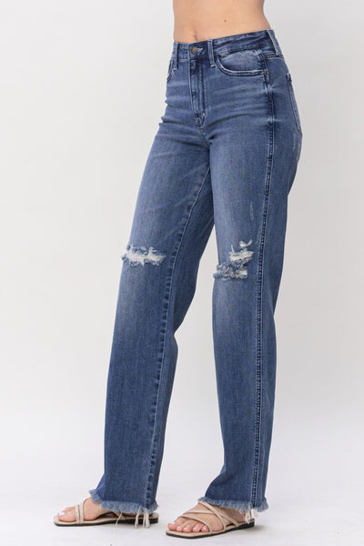 Judy Blue High Waist W/ Knee Destroy Straight Denim 82498-Jeans-Sunshine and Wine Boutique
