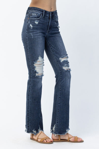 Judy Blue Mid Rise Contrast Destroy Slim Bootcut Denim 82426-Jeans-Sunshine and Wine Boutique
