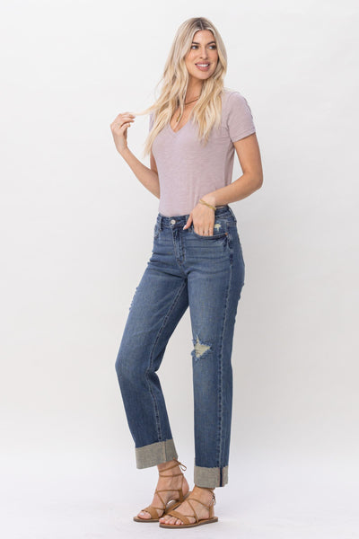 Judy Blue Mid Rise & Single Cuff Dad Jean Straight Denim 88580-Jeans-Sunshine and Wine Boutique