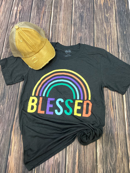 Texas True Threads "Blessed" Rainbow Tee, Charcoal-Clothing-Sunshine and Wine Boutique