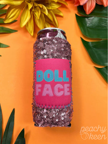 Peachy Keen Doll Face Slim Can Cooler with Pocket-Can & Bottle Sleeves-Sunshine and Wine Boutique