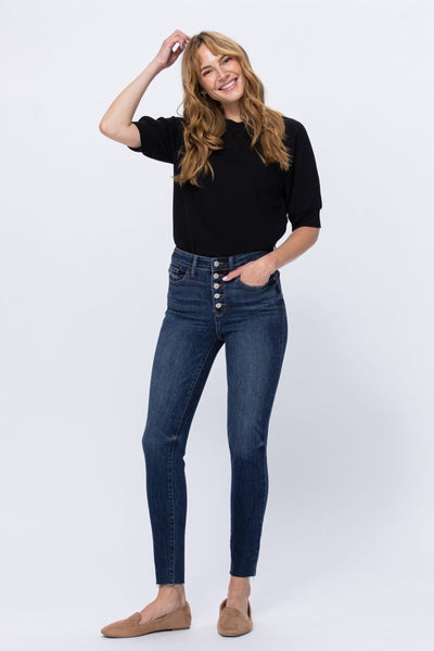Judy Blue High Rise Button Fly Cut Off Skinny Denim 82318-Jeans-Sunshine and Wine Boutique