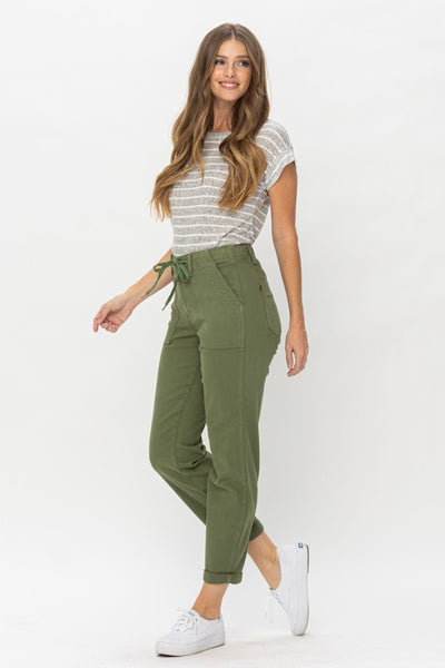 Judy Blue High Waist Elastic WB Zipper Fly w Double Cuff Jogger Olive Green Denim 88532-Jeans-Sunshine and Wine Boutique