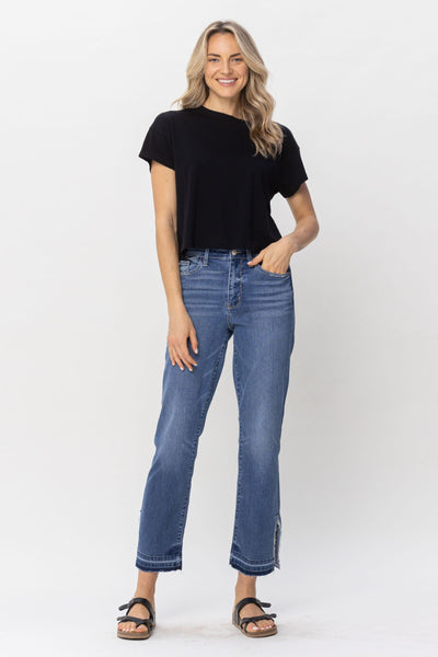 Judy Blue High Waist Fray Slit Release Hem Straight Denim 82453-Jeans-Sunshine and Wine Boutique