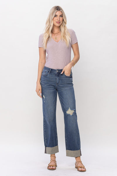 Judy Blue Mid Rise & Single Cuff Dad Jean Straight Denim 88580-Jeans-Sunshine and Wine Boutique