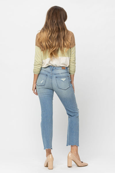 Judy Blue Mid Rise Tinted Wash & Destroy Crop Straight Denim 88512-Jeans-Sunshine and Wine Boutique