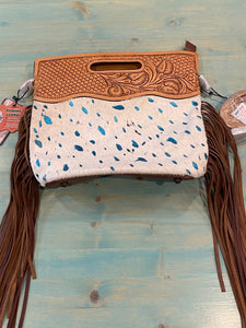 American Darling ADBGS145ACTRQ Hair On Hide Tooled Leather Crossbody Purse, Turquoise-Purse-Sunshine and Wine Boutique