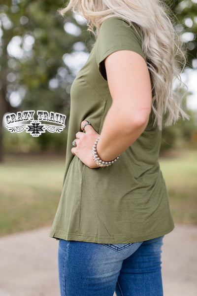 Crazy Train Forever Fave Solid Short Sleeve Top, Olive-Shirts & Tops-Sunshine and Wine Boutique