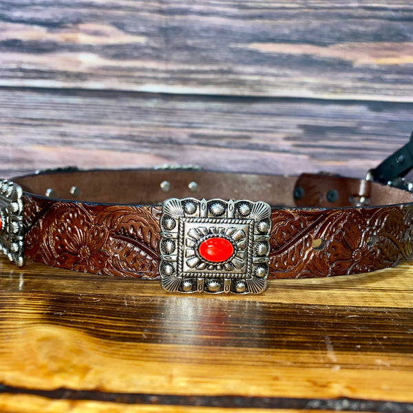Lucky & Blessed Girl’s Genuine Leather Belt, Brown with Red Conchos-Belts-Sunshine and Wine Boutique
