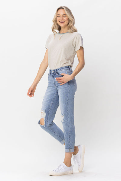 Judy Blue Mid Rise Double Cuff Destroyed Boyfriend Denim 82458-Jeans-Sunshine and Wine Boutique