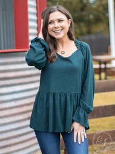 Southern Grace How 'Bout Those Ruffles Long Sleeve With Neck Line Ruffles, Emerald Green-Shirts & Tops-Sunshine and Wine Boutique