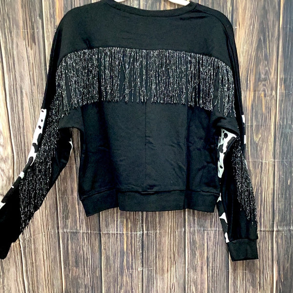 Southern Grace Midnight Rodeo Long Sleeve Fringe Top, Black Cow-Shirts & Tops-Sunshine and Wine Boutique
