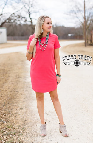 Crazy Train Line Drive Short Sleeve Ribbed Dress with Pockets, Coral-Clothing-Sunshine and Wine Boutique