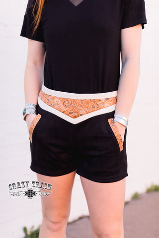Crazy Train Whistle Britches Tooled Leather Shorts, Black-Shorts-Sunshine and Wine Boutique