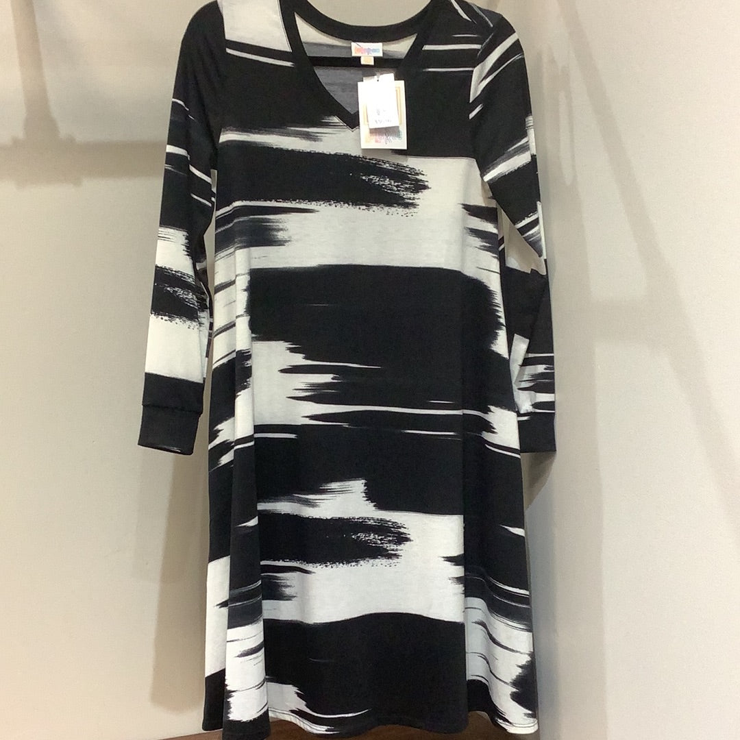 LuLaRoe Emily Long Sleeve V-Neck Dress Size XXS, Black & White-Shirts & Tops-Sunshine and Wine Boutique