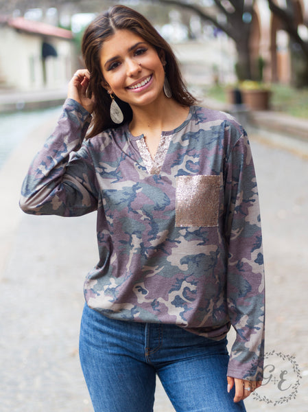 Southern Grace Welcome to the Jungle Sequins Knotch Long Sleeve with Pocket, Camouflage-Shirts & Tops-Sunshine and Wine Boutique