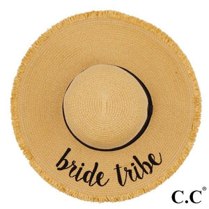 C.C “Bride Tribe" paper straw fringe trim wide brim sun hat with ribbon-Hats-Sunshine and Wine Boutique