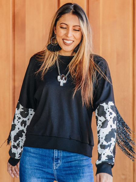 Southern Grace Midnight Rodeo Long Sleeve Fringe Top, Black Cow-Shirts & Tops-Sunshine and Wine Boutique