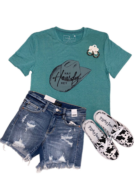 2 Fly Hey Howdy Rhinestone Short Sleeve Top, Teal-Shirts & Tops-Sunshine and Wine Boutique